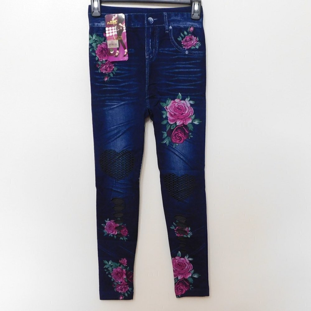 L-4 Blue Jean Look Floral Design with Cutouts Ankle Length Leggings M/L